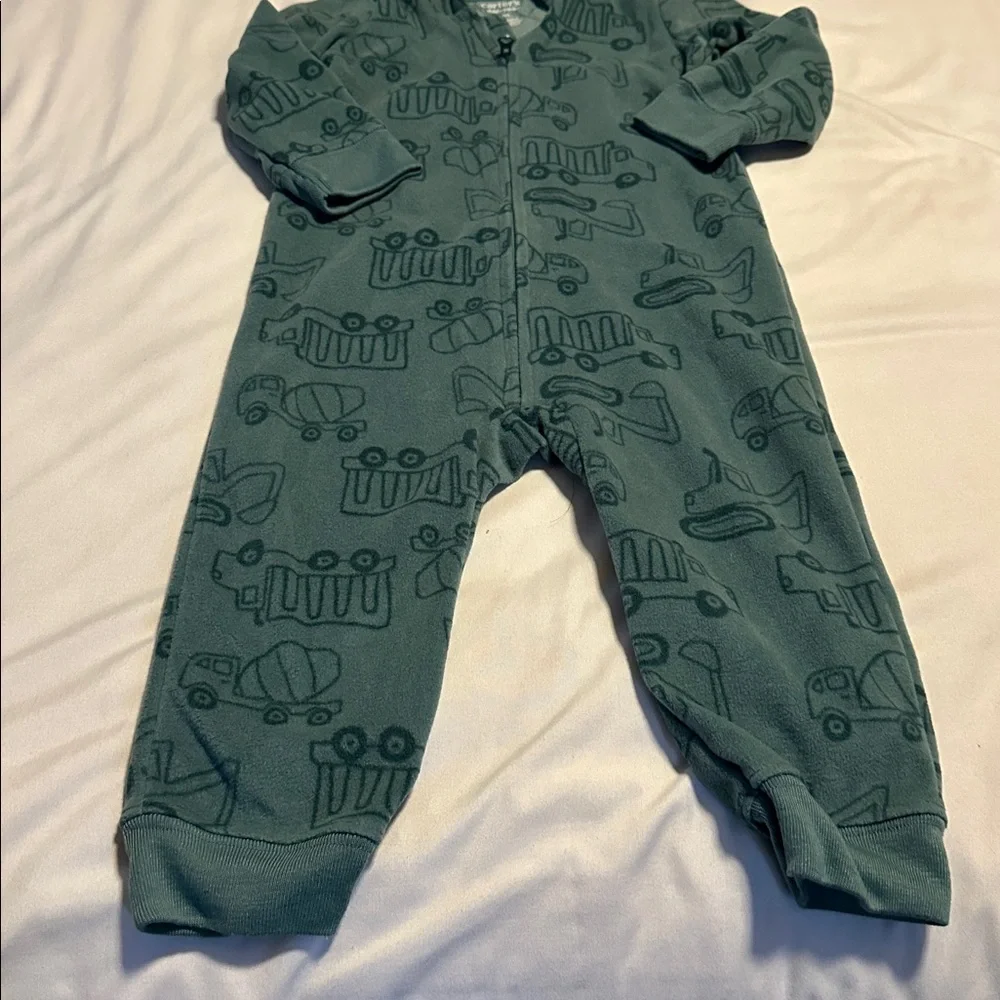 Carter's Teal Hooded Baby Onesie with Vehicle Pattern